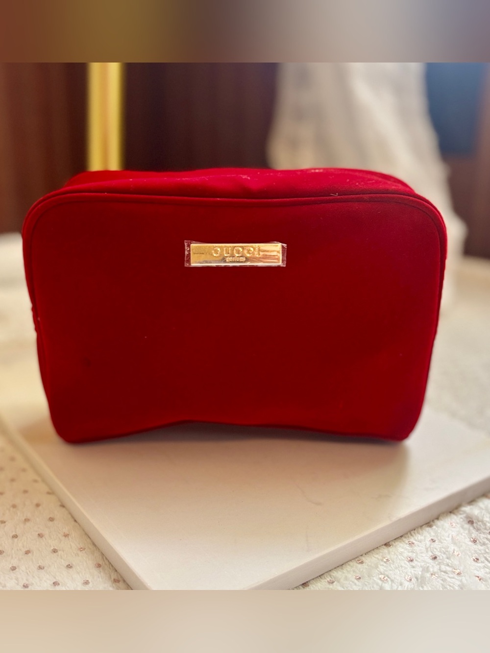 Gucci Parfums Red Velvet Cosmetic Makeup Bag Gold Hardware